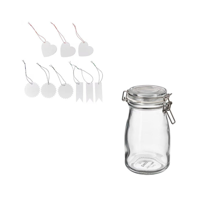 Ikea KORKEN Bottle-shaped jar with lid, clear glass, 0.4 l with Label with string, set of 9, white