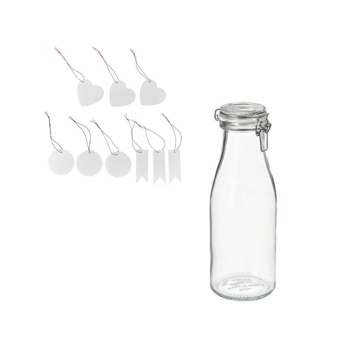 Ikea KORKEN Bottle shaped jar with lid, clear glass, 1.4 l with Label with string, set of 9, white