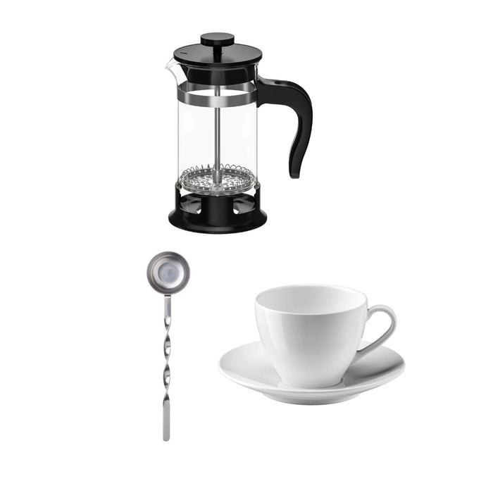 IKEA UPPHETTA Coffee/tea maker, glass/stainless steel, 1 l, and cup and saucer, white 20 cl with measuring scoop, stainless steel