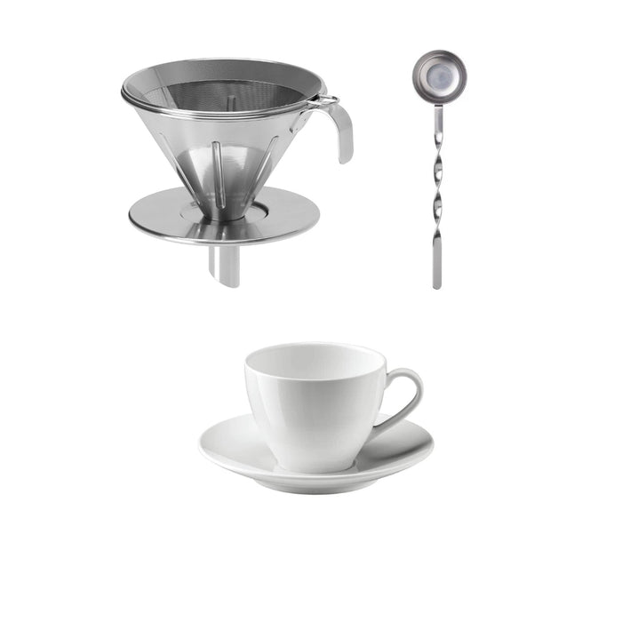 IKEA 3-piece metal filter coffee set, stainless steel, and cup and saucer, white 20 cl with measuring scoop, stainless steel