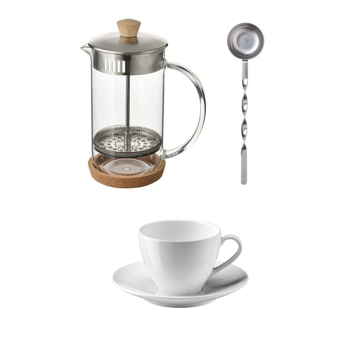 IKEA KEA 365+ Coffee/tea maker, clear glass/stainless steel, 1 l, and cup and saucer, white 20 cl with measuring scoop, stainless steel