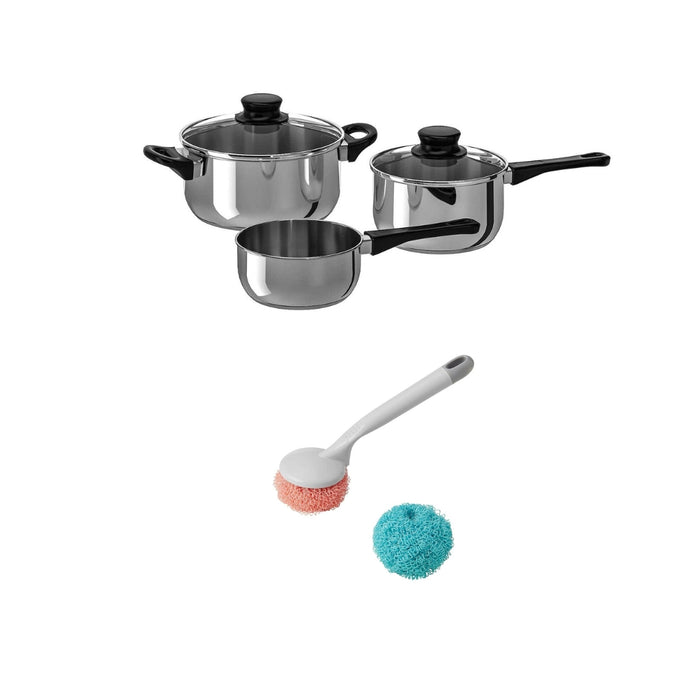IKEA Annons 5-piece cookware Set, Glass/Stainless Steel with Scrubbing Ball with Handle ((2.8l, 0.9l, 1.7 l))