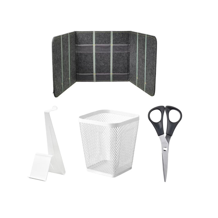 IKEA Desk Organizer Set, Grey Felt Privacy Panel with Pockets, White Mesh Pen Holder, Scissors and headset stand ( white )