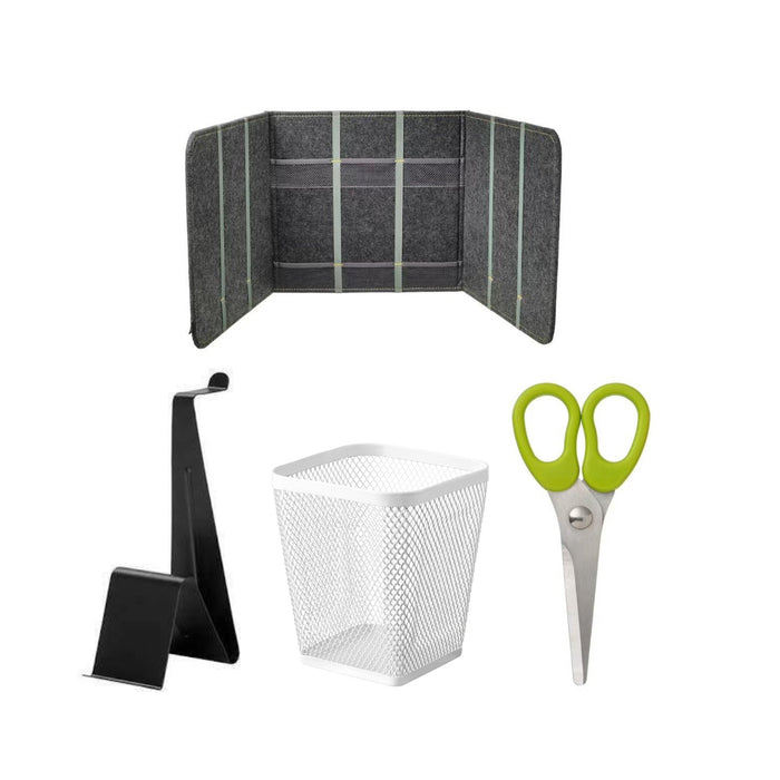 IKEA Desk Organizer Set, Grey Felt Privacy Panel with Pockets, White Mesh Pen Holder, Scissors and headset stand ( Black )