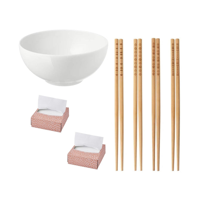 IKEA White Ceramic Bowl with Bamboo Chopsticks Set, 4 Pairs, Decorative Patterns, Includes Tissue Boxes