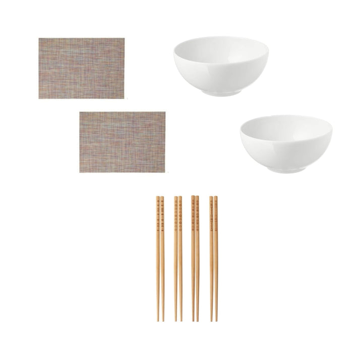 Ikea Dining Set with 2 White Bowls, 4 Pair Wooden Chopsticks, 2 Placemats, Asian Style Tableware