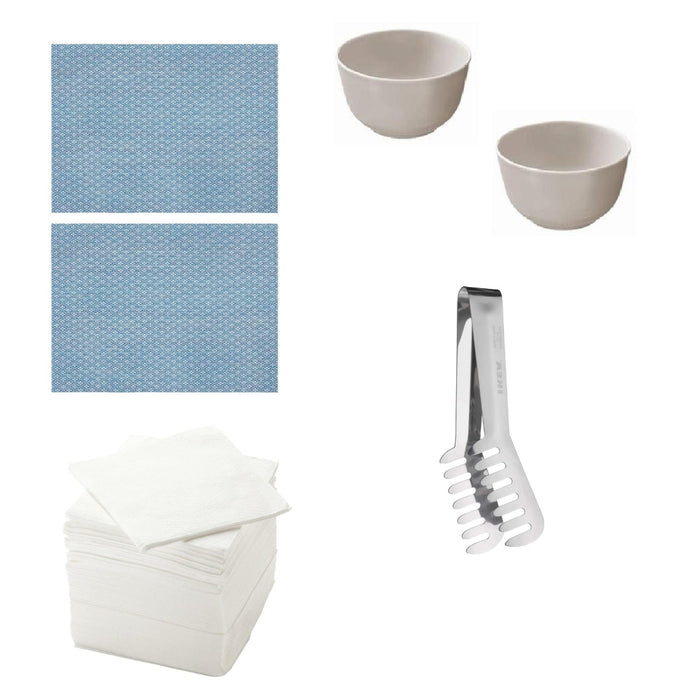 Ikea Kitchen Essentials Set, White Ceramic Bowls (2 Pack), Blue Placemats (2 Pack), White Napkins (100 Pack), Stainless Steel Tongs (1 piece)