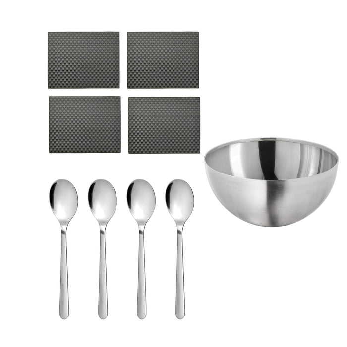 Ikea Stainless Steel Serving Bowl Set with 4 Spoons and 4 Placemats, Silver, 9-Piece Dining Set