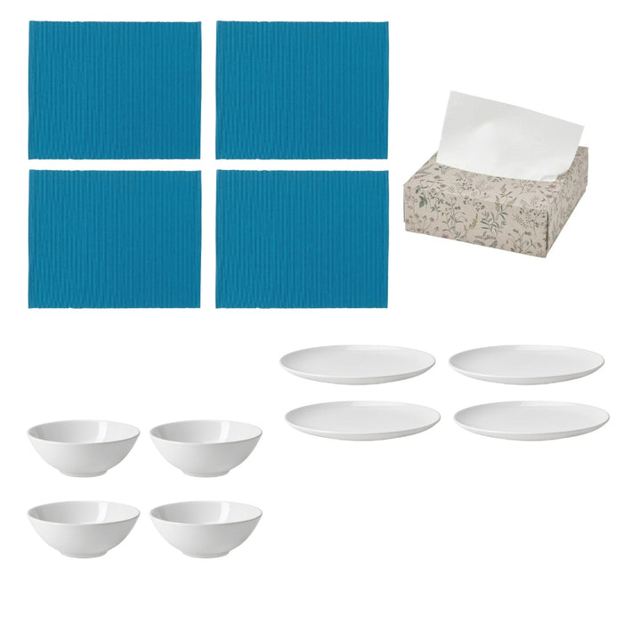IKEA Dinnerware Set Combo (4 Placemats and 1 Tissue Box, 4 White Bowls, 4 White Plates)