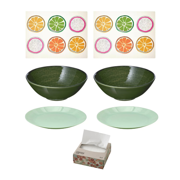 Ikea Place Mat, Deep Plate, and Paper Napkin Set, Multicolor Fruit Pattern, Light Green, White, 40x30 cm Mat, 20 cm Plate