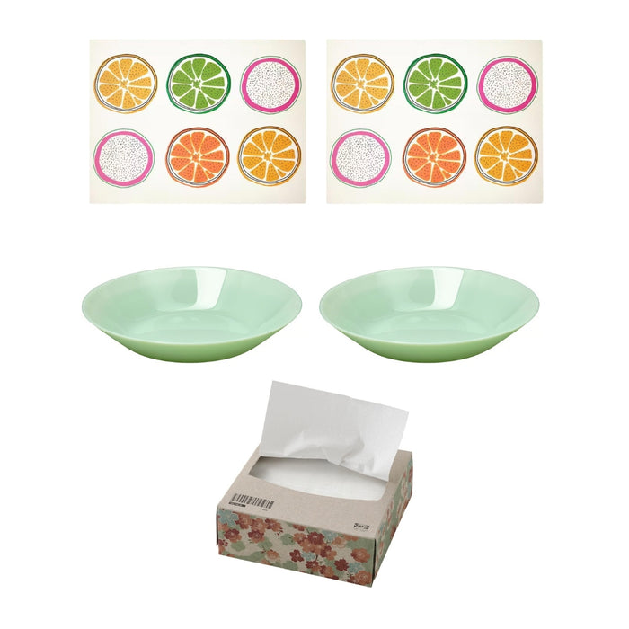 Ikea Place Mat, Deep Plate, and Paper Napkin Set, Multicolor Fruit Pattern, Light Green, White, 40x30 cm Mat, 20 cm Plate