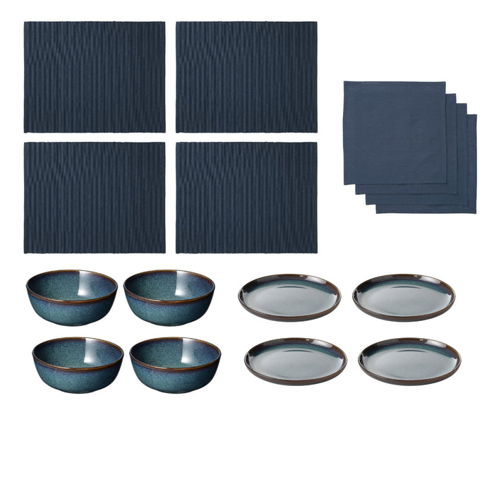 IKEA Dining Set with Side Plates, Bowls, Placemats and Napkins, Blue, 16-Piece