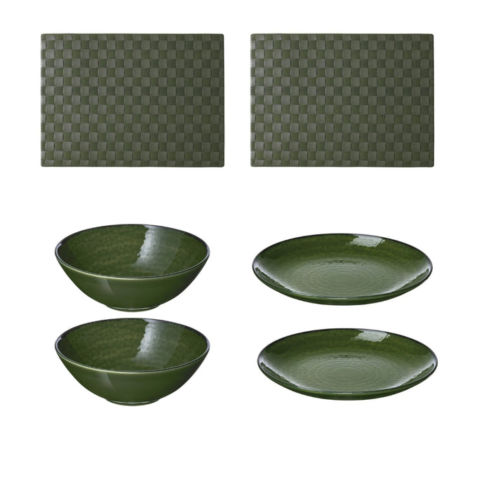 IKEA Green Dining Set with Side Plates 20 cm, Bowls 16 cm, and Woven Placemats 46x33 cm, 6-Piece