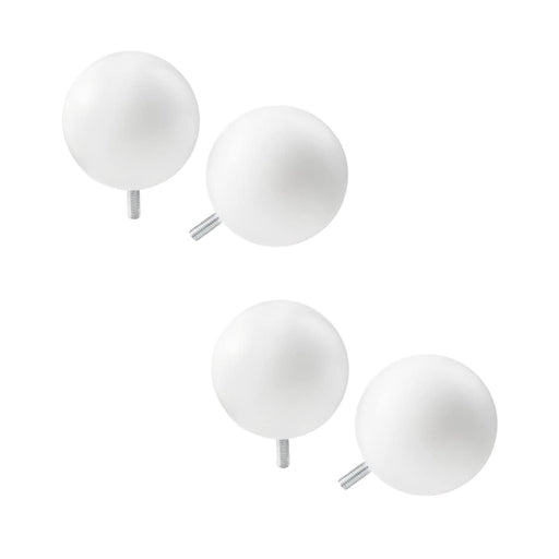 Four white spherical earrings on a white background