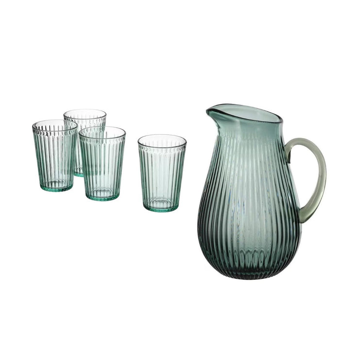 IKEA VARDAGEN Jug, patterned/dark grey-green, 2 l with Glass, light turquoise, 31 cl  (Pack-4)