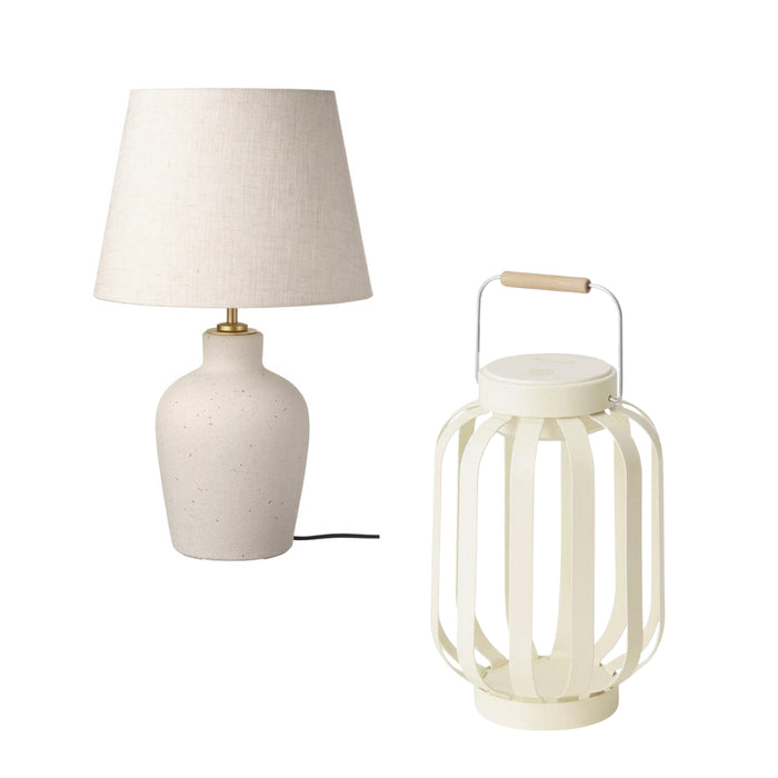 IKEA BLIDVÄDER Table lamp, off-white ceramic/beige, 50 cm (20 ") with SOMMARLÅNKE LED decorative table lamp, battery-operated outdoor/beige stripe, 17 cm (7 ")