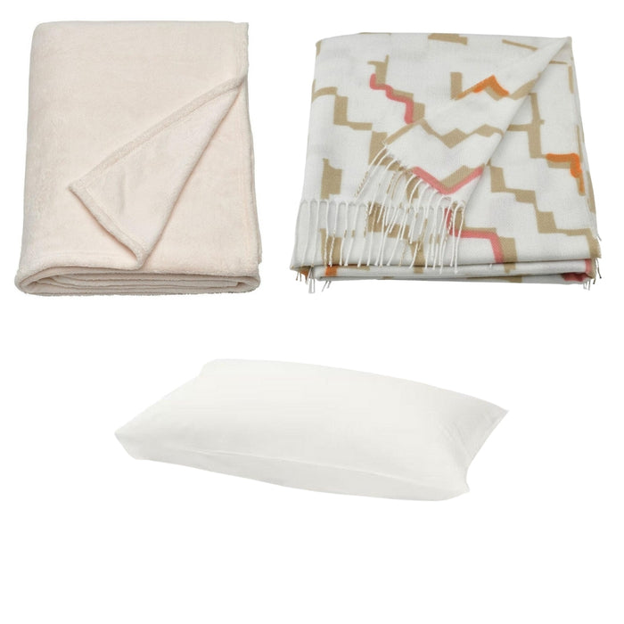 IKEA OLIVSPINNMAL Throw, off-white/multicolour, 120x160 cm with  TRATTVIVA Bedspread, off-white, 150x250 cm and  FÄRGMÅRA Pillowcase, white50x80 cm