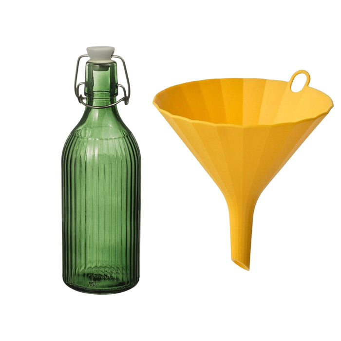IKEA UPPFYLLD Funnel, 13 cm, bright yellow with VINTERFINT Bottle with stopper, glass green, 0.5 l