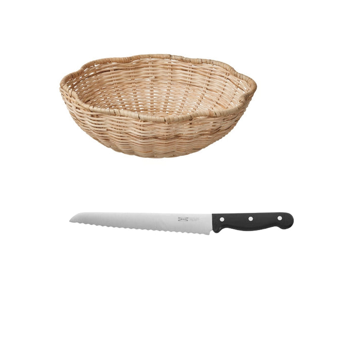 IKEA SMÖRFISK Bread basket, rattan, 27x8 cm (11x3 ") with VARDAGEN Bread knife, dark grey, 23 cm