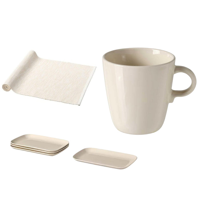 IKEA MÄRIT Table-runner, natural, 35x130 cm with FÄRGKLAR Plate, glossy beige, 30x18 cm and  FÄRGKLAR Mug, Glossy Beige, 37 cl pack of 1