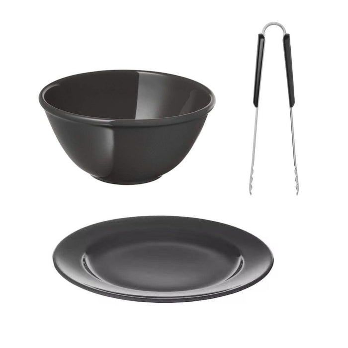 IKEA VARDAGEN Bowl,15 cm  with Plate, 26 cm, dark grey & Cooking tweezers