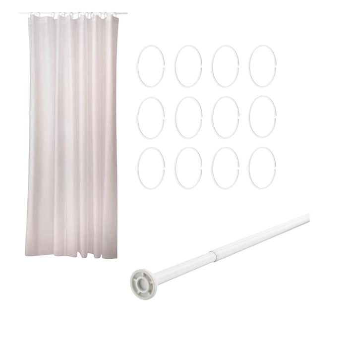 IKEA GRUNU Shower curtain, white180x200 cm with BOTAREN Shower curtain rod, white, 120-200 cm and HASSJON shower curtain ring 12pack