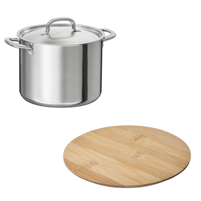 IKEA RÖDKNOT Pot stand, bamboo, 18 cm with 365+ Pot with lid, stainless steel, 8.0 l (8 qt)