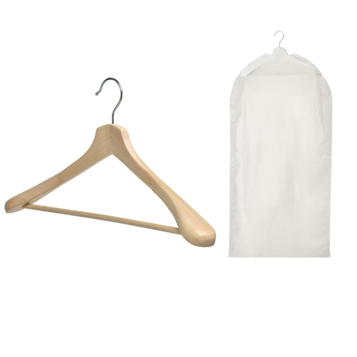 IKEA BUMERANG Coat hanger, natural with RENSHACKA Clothes cover, transparent white
