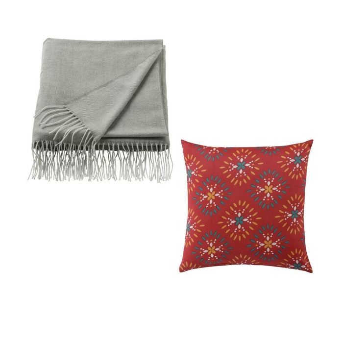IKEA Throw, light grey-green, 120x160 cm (47x63 ") with Cushion, red/printed, 40x40 cm