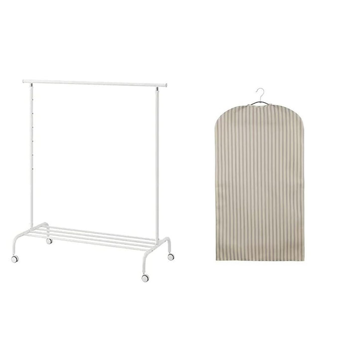 IKEA RIGGA Clothes rack, white with  Clothes cover, textile striped/beige anthracite
