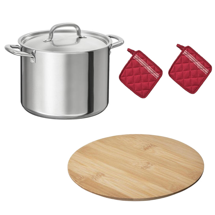 IKEA RÖDKNOT Pot stand, bamboo, 18 cm with 365+ Pot with lid, stainless steel, 8.0 l (8 qt) and  HILDEGUN Pot Holder, red, 19x19 cm (7x7 ) Pack of 2