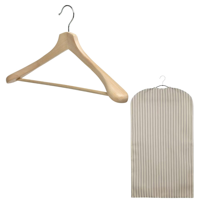 IKEA BUMERANG Coat hanger, natural with RÅGODLING Clothes cover, textile striped/beige anthracite
