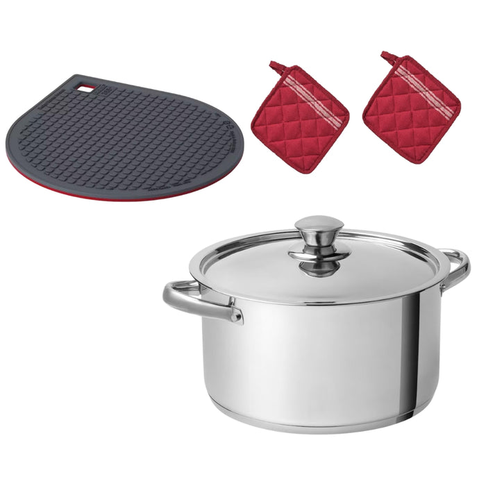 IKEA GUNSTIG  Pot stand, magnetic, red/dark grey with  DVÄRGKRÄFTA Pot with lid, 5.5 l and HILDEGUN Pot Holder, red, 19x19 cm  Pack of 2