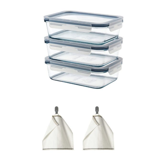 IKEA 365+ Glass Food Container with Lid — 1L, 3-Pack | Oven, Microwave & Freezer Safe with washcloth, white 30x30cm ( 2 pieces )