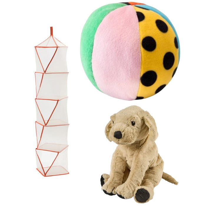 IKEA TIGERFINK Storage with 5 compartments, beige/orange with  KLAPPA Soft toy, ball, multicolor and GOSIG GOLDEN Soft Toy Dog - Golden Retriever