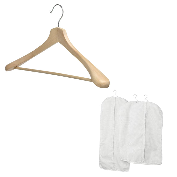 IKEA BUMERANG Coat hanger, natural with STUK Clothes cover, set of 3, white/grey