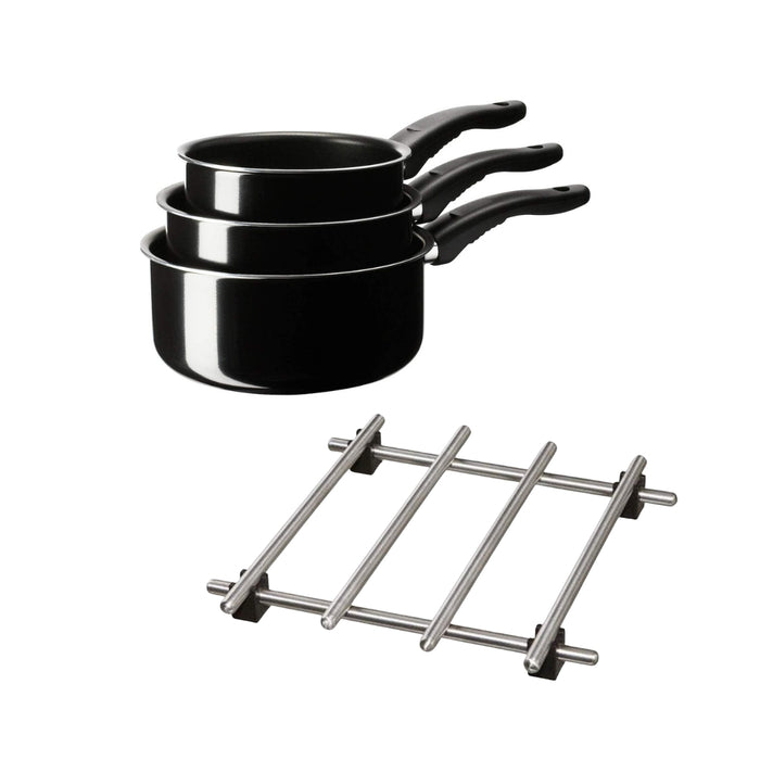 IKEA KAVALKAD Saucepan, Black - Set of 3 with LÄMPLIG Pot stand, stainless steel, 18x18 cm (7x7 ")