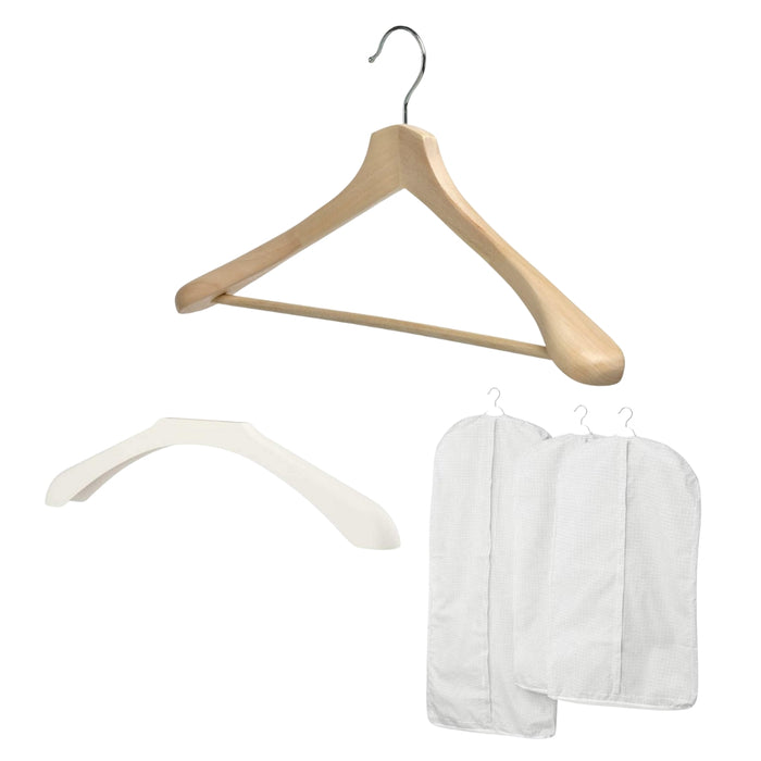 IKEA BUMERANG Coat hanger, natural with STUK Clothes cover, set of 3, white/grey and BUMERANG Shoulder Shaper for Hanger, White