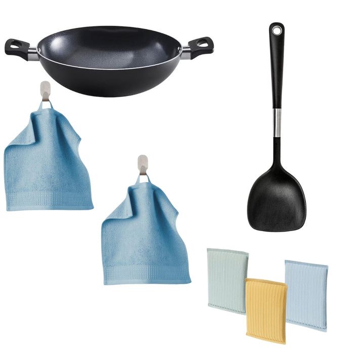 IKEA FRUKTKAKA Kadai wok, non-stick coating grey, 28 cm with 365+ HJÄLTE Wok spatula, stainless steel/black and PEPPRIG Scrubbing pad, green blue/yellow and VINARN Washcloth, blue, 30x30 cm (12x12 ") Pack of 2