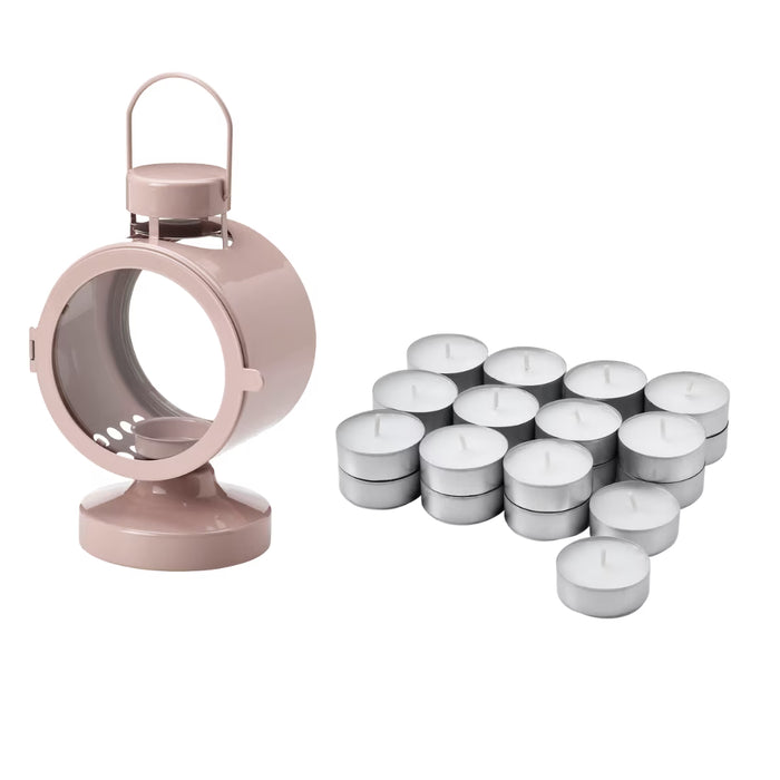 KEA Decorative Lantern Set - FLODSVALA Tealight Lantern (21cm, Pale Pink) & GLIMMA Unscented Tealights (24-Pack)