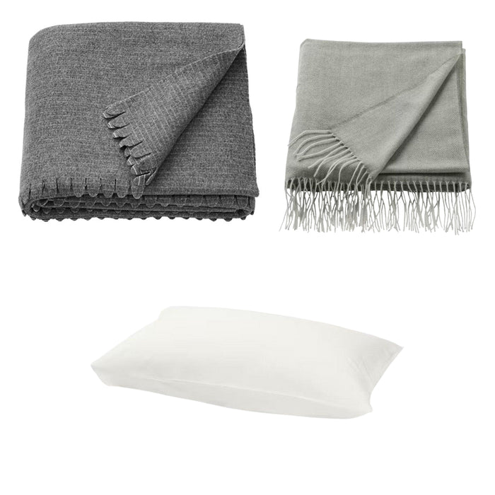 IKEA HOLMVI/TJÄRBLOMSTER  Throw, light grey-green, 120x160 cm with Bedspread, grey, 150*210 cm and  FÄRGMÅRA Pillowcase, white, 50x80 cm