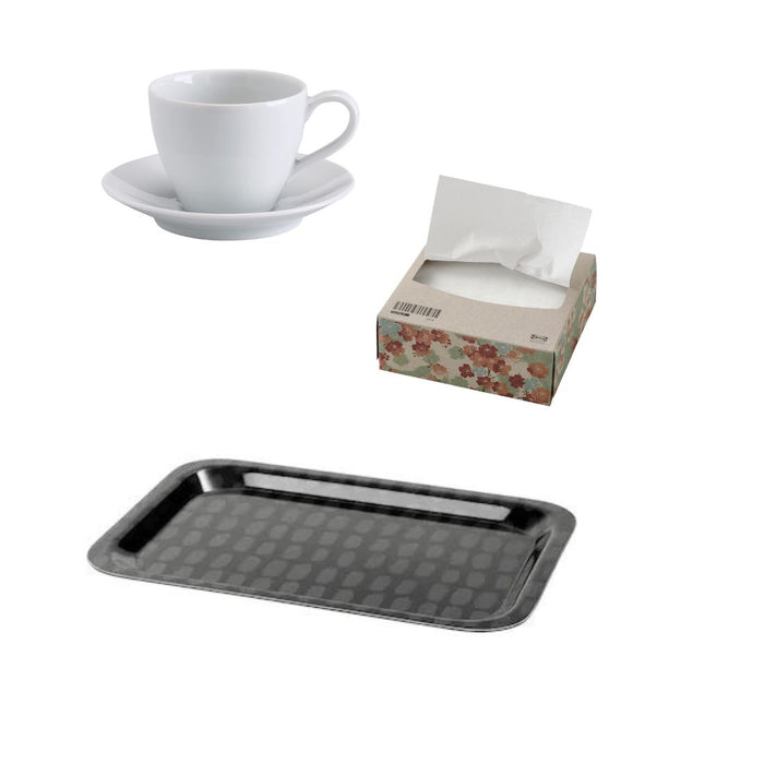 IKEA Tray, black/grey, 28x20 cm with 100 pack of napkin, white & Coffee cup and saucer, white, 20 cl