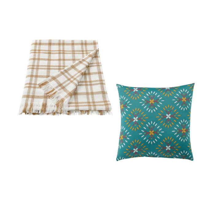 IKEA Throw, white dark beige/check, 130x170 cm with Cushion, green/printed, 40x40 cm