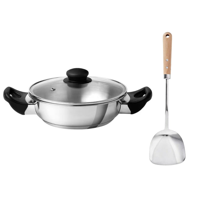 IKEA GULDSPARID Kadai wok with lid, 26 cm with VARDAGEN Wok spatula, stainless steel/beech, 36 cm
