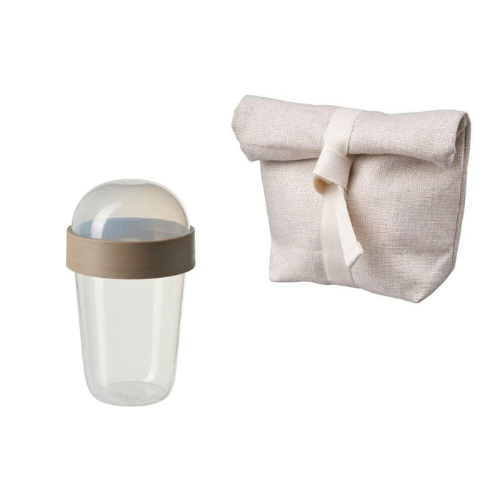 IKEA Snack bag, fabric, natural, 14x6x22 cm  with Snack container, grey/Brown, 300 ml