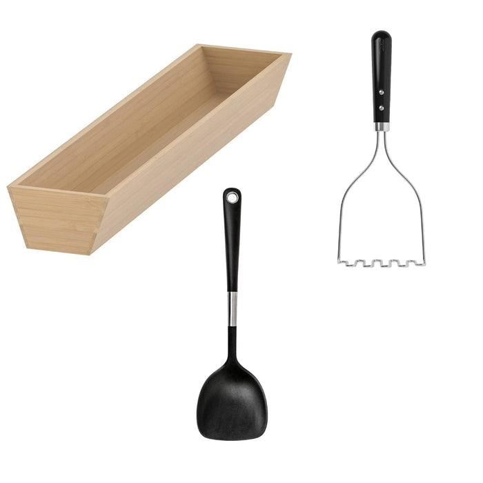 IKEA UPPDATERA utensil tray light bamboo 10x50 cm with 365+ HJÄLTE Wok spatula, stainless steel/black and 365+ HJÄLTE Wok spatula, stainless steel/black