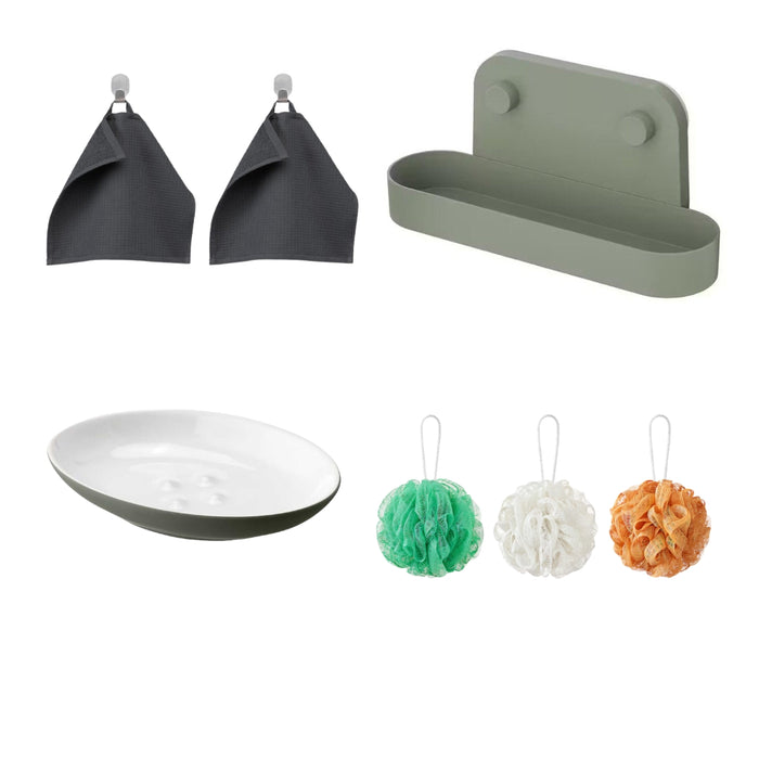IKEA SALVIKEN Washcloth, anthracite30x30 cm pack of 2 with Soap dish, grey-green  and  Body puff, set of 3, orange/green/white and Wall shelf with suction cup, grey-green, 28 cm