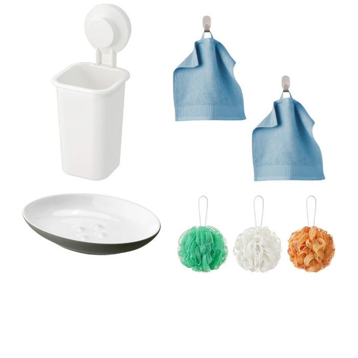 IKEA VINARN Washcloth, blue, 30x30 cm  pack of 2 with Soap dish, grey-green  and  Body puff, set of 3, orange/green/white and  Toothbrush Holder with Suction Cup - White