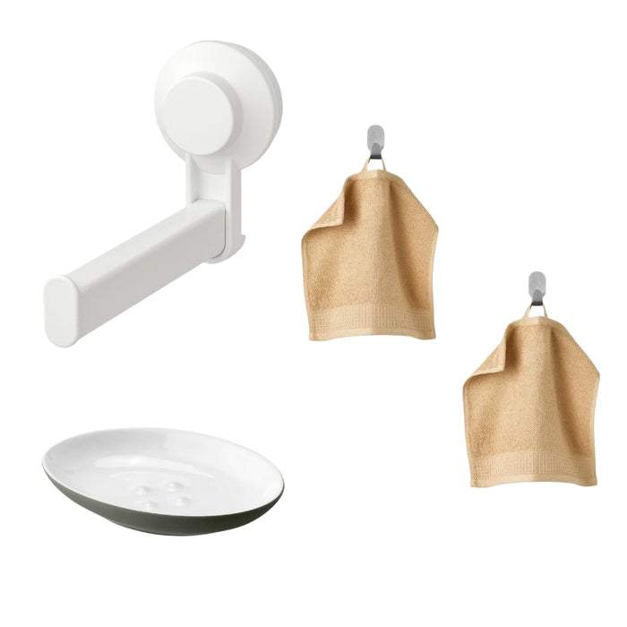 IKEA VINARN Washcloth, light yellow, 30x30 cm with EKOLN Soap dish, grey-green and  ENUDDEN Toilet Roll Holder with Suction Cup - White