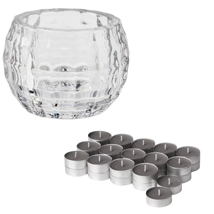 IKEA FROJDA Tealight Holder 6 cm with  ENSTAKA Scented tealight candle, Bonfire/grey, 3.5 hr, (Pack of 30)